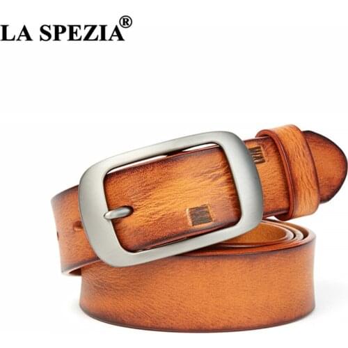 LA SPEZIA Orange Genuine Leather Women Belt First Layer Cowskin Casual Buckle Waist Belts High Quality Ladies Accessories Belts