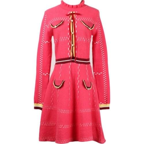 Elegant Lady Autumn Knitted Sweater Dress Bow Pearls Pockets Hollow Out Sweet Dresses Women Long Sleeve Vintage Dress