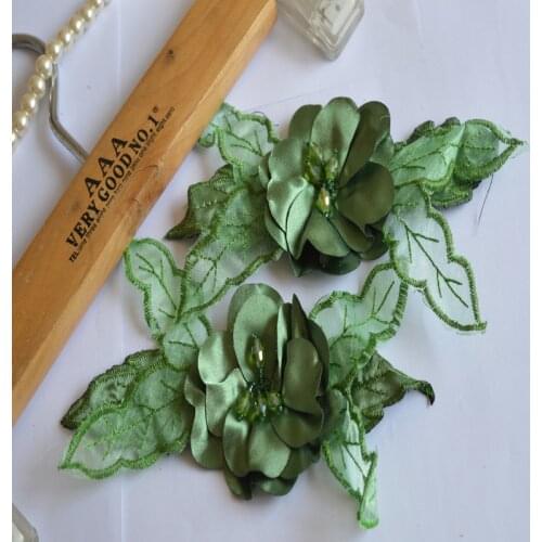 2pc/lot New Arrival Beads Wedding Dress Decorated green 3D Organza Flower Applique Sew On Lace Patches-041003