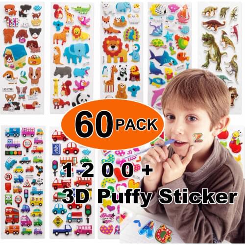 60pcs Different 3D Puffy Bulk Cartoon Animals Kids Stickers Waterproof PVC Scrapbooking Girl Boy Cartoon DIY Reward Gift Sticker