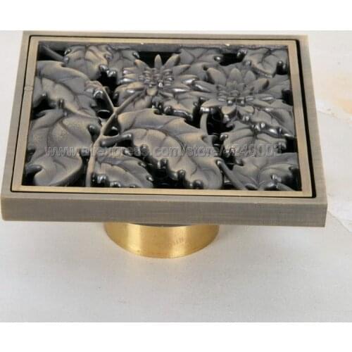 Antique Bronze Brass 10*10cm Art Flower Carved Bathroom Shower Square Strainer Waste Grate Floor Drain Khr052