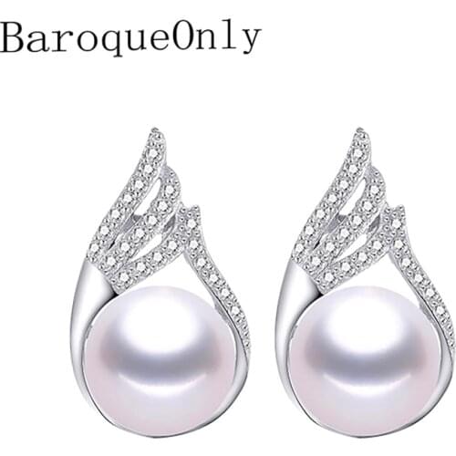 BaroqueOnly Natural freshwater pearl earring 8-9mm purple white blue pink zircon inlaid 925 sterling silver earrings jewelry ECC