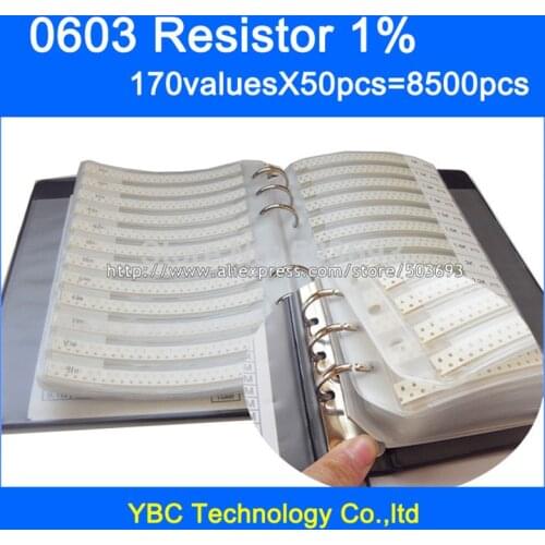 Free shipping 0603 SMD Resistor Sample Book 1% Tolerance 170valuesx50pcs=8500pcs Resistor Kit 0R~10M