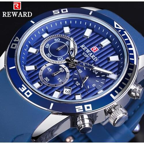REWARD Blue Silicone Strap Quartz Mens Sport Wrist Watches Military Top Brand Luxury Design Racing Bezel Male Clock Waterproof