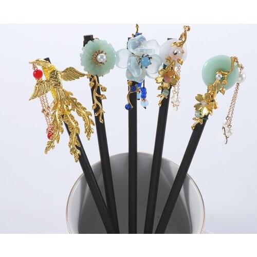 Chinese Hairpins Tassel Flower Chopsticks Hair Sticks Wooden Hair Forks Jewelry for Women Hair Styling Headdress