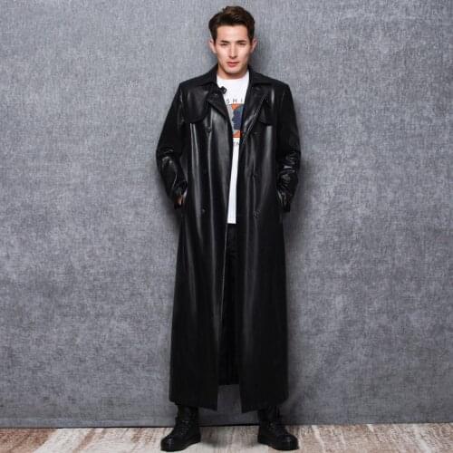 Lautaro Long black leather trench coat men long sleeve double breasted spring autumn plus size pu leather mens clothing 6xl 7xl