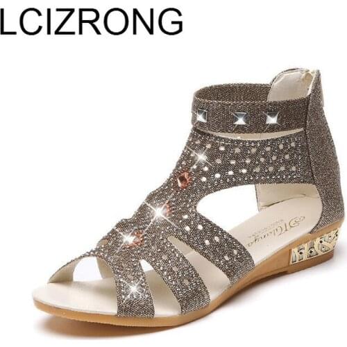 LCIZRONG Hollow Rhinestone Bling Roma Wedges Sandals for Women Summer Fashion Beach Sandals Ladies Girl Shoes Wedge Heels Shoes