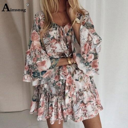 Aimsnug 2020 Summer Ladies Elegant Short Pleated Dress Patchwork Boho Flower Printed Dresses Plus size Women Casual Loose Dress