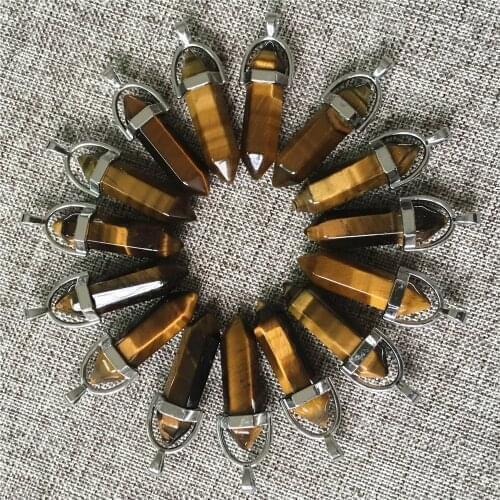 Hot!! Natural Tiger eye stone Pillar Charms Pendants Fashion Healing Bullet Pendulum for Necklace Jewelry Making Wholesale 24PCS