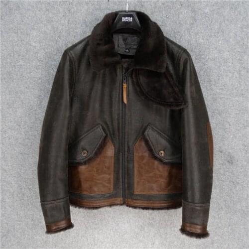 2020 Vintage Brown Men American Casual Style Coat Plus Size XXXXL Genuine Cowhide Winter Thick Warm Shearling Jacket