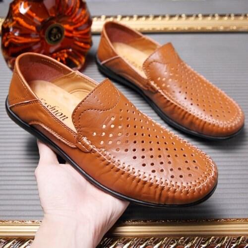 New Men Genuine Leather Casual Shoes Summer Comfortable Flat Shoes Hollow Out Loafers Street Fashion Man Driving Shoes