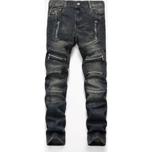 2021 New High quality brand pants men plus size 29-42 retro motorcycle long jeans pleated denim pants high street zipper jeans