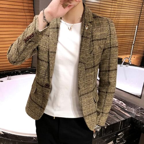 2021 Fashion New Mens Casual Boutique Business Lattice Slim Suit Coat Blazers Jacket