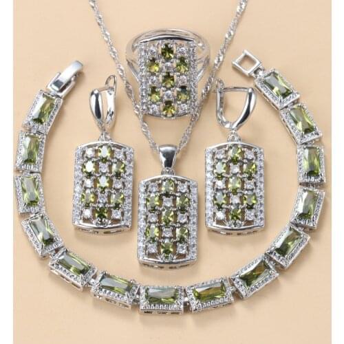 925 Silver Female Jewelry Sets Olive Green Zircon Necklace And Earrings Women Trendy Costume Bracelet Sets