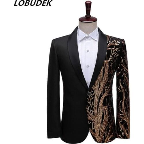 New Shawl Lapel One Button Shiny Sequin Red Black Mens Blazer Stage Performance Male Singer Host Slim Fit Business Suit Jacket