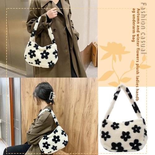 Casual Flower Printed Shoulder Underarm Bag Autumn Women Plush Soft Fluffy Handbag Street Travel Top-handle Clutch Purse