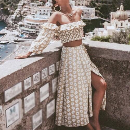 Twist Off Shoulder Casual Women Sets Ruffle Split Skirts Half Sleeve Tops Autumn 2021 Female Floral Print 2 Piece Suits Vestidos
