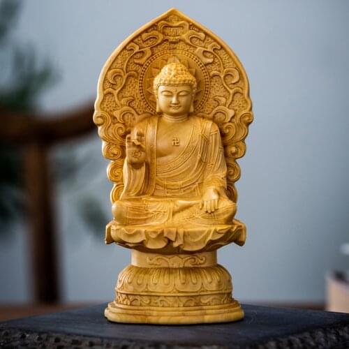Boxwood 15cm Sitting Lotus Buddha Sculpture Tathagata Buddha Chinese Solid Wood Feng Shui Worship Home Decor