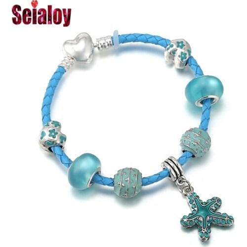 Seialoy Summer Ocean Style Cyan Leather Bracelets For Women Blue Heart Beads Starfish Pendant Charm Bracelet Boy Girl Gifts