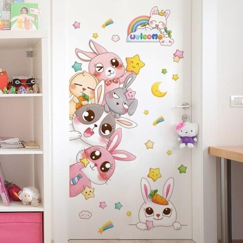 [SHIJUEHEZI] Rabbits Animals Wall Stickers DIY Cartoon Stars Mural Decals for Kids Room Baby Bedroom House Door Decoration