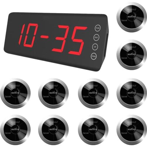 SINGCALL Wireless Calling System, Pack of 1pc Display Receiver and 10pcs Table Bells with 2 Options Waterproof Buttons