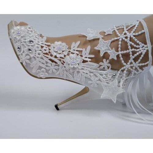 BaoYaFang Beading Pearl wedding shoes Flower Ladies party shoes Peep Toe white lace shoes woman Open Toe High heel Pumps