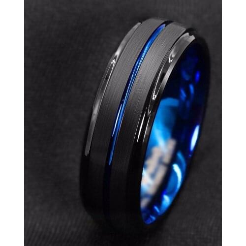Titanium Ring For Men.Surface Black Blue Groove Inside Blue Face Stainless Steel Ring.Highlight Man Temperament Light Luxury