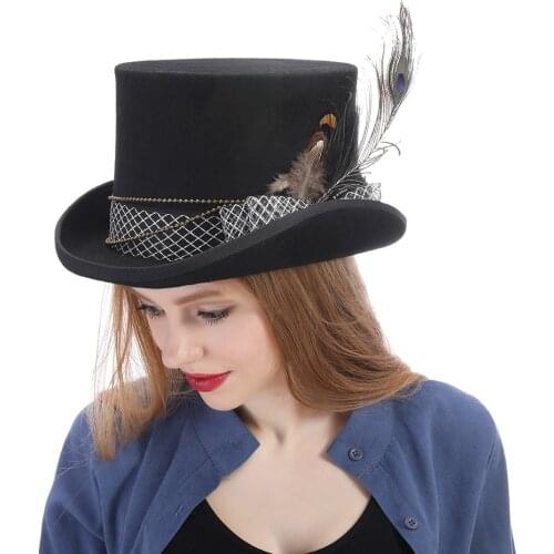 Top 15CM 4 Size Wool Black Women Men Steampunk Top Hat For Lady Handmade Fashion Feather Fedora Cosplay Magic Hat