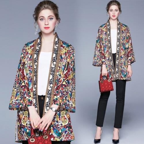 Spring and Autumn Exotic Printed Cardigan Mid-length Cloak Ethnic Style Loose Thinning Jacket Flower Jacket Women
