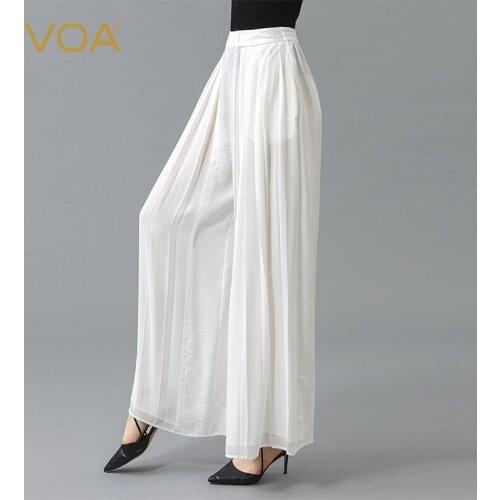 VOA Silk Jacquard Stitching Double-layer Georgette Organ Pleated Elastic Waist Autumn Wild Literary Long Wide-leg Pants KE593