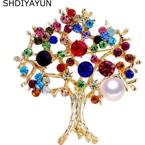 SHDIYAYUN Pearl Brooch Colorful Rinestone Tree Brooch For Women Gold Brooch Pins Natural Freshwater Pearl Jewelry Dropshipping
