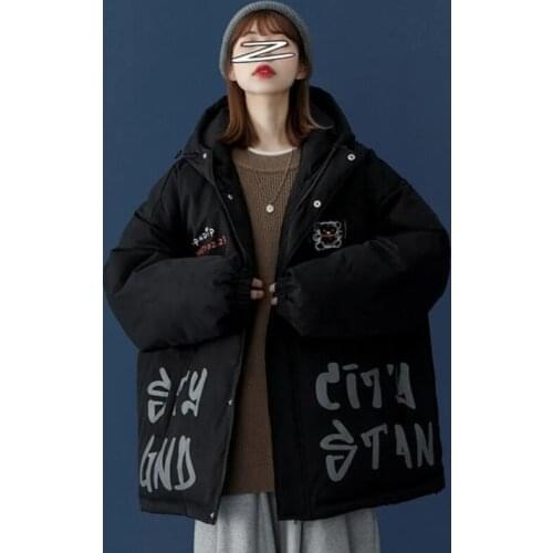 Graffiti Cotton Coat Women Oversize Tide Winter Thick Quilted Jacket 2021 New Ins Hooded Wild Loose Outerwear Parka