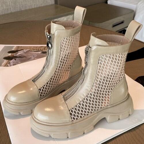 Womens genuine leather air mesh patchwork thick sole platform flats punk summer ankle boots front zip hollow-out casual shoes