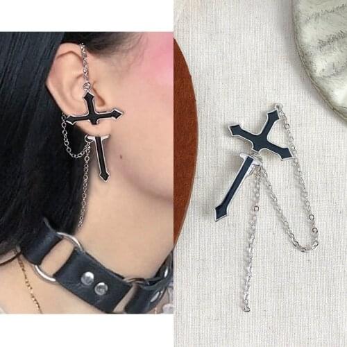 Gothnic Cross Chain Drop Earrings for Women 1PC Punk Rose Feathers Locomotive Female Pendant Earrings Ear Bone Jewelry
