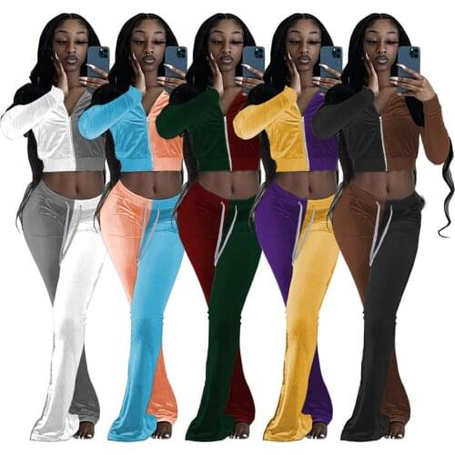 Casaul Women Color Patchwork Two Piece Set Hooded Jacket Coat And Long Flare Pants Tracksuit Matching Set Clothes For Women