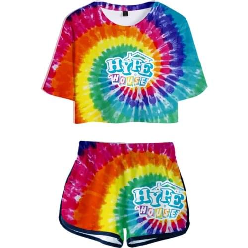 The Hype House 3D Printed Women Two Piece Set Charli D'Amelio Summer Short Sleeve Crop Top+ Shorts Harajuku Tie dye Suit Clothes