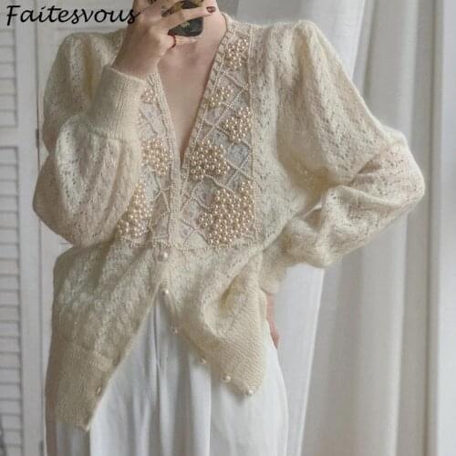 Vintage Beaded Hollow Cardigans Women Summer 2021 New Knitted Sweater Coat Ladies Korean Loose V-Neck Tops