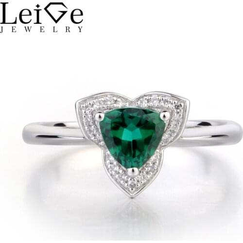 Leige Jewelry Lab Emerald Engagement Rings 925 Sterling Silver Ring Trillion Cut Green Gemstone May Birthstone Ring Gift for Her