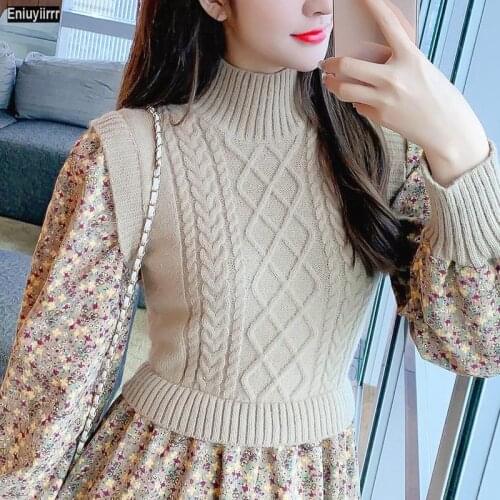Women Winter Spring Floral Print Patchwork Faux Two Piece Knit Sweater Dress 0408