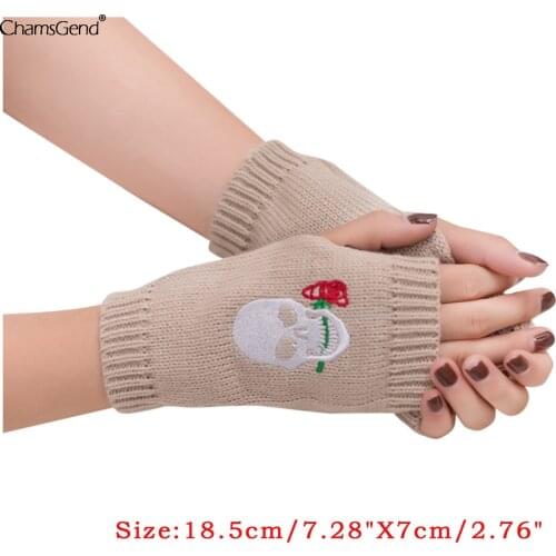 Winter Warm Gloves For Women Girls Knitted Embroidered Skull Print Mittens Fingerless Thick Artificial Wool Gloves Dropshipping