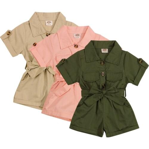 1-5Years Fashion Toddler Kids Baby Girls Clothes Vintage Children Girls Turn-down Collar Button Belt Romper Jumpsuits Overalls