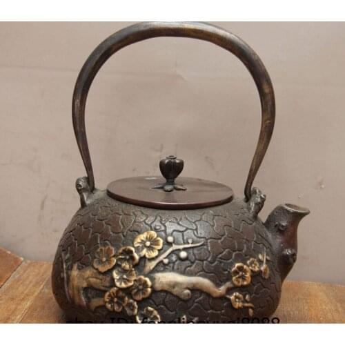 8 Japan Iron Silver Gilt Plum Blossom Flower Portable Flagon Kettle Wine Tea Pot