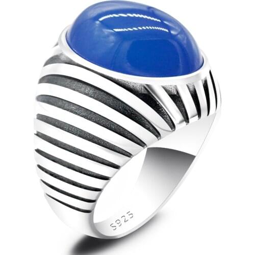 Pure 925 Sterling Silver Men Ring with Oval Natural Blue Agate Stone Simple Stripe Turkish Gemstone Male Rings Jewelry Gift