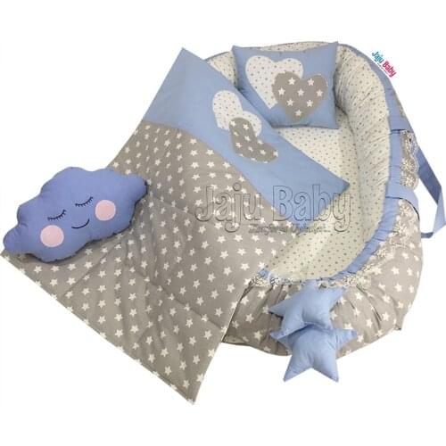 Jaju Baby Blue and Gray Star Babynest Mother beside bed 4 pcs Set