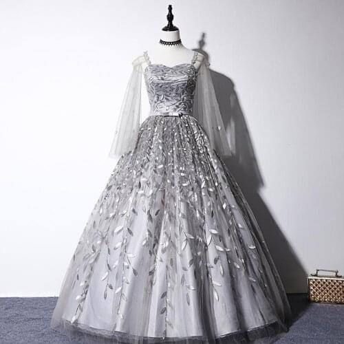 Elegant Gray Appliques Quinceanera Dresses Tulle Full Sleeve Noble Ball Gown Floor Length Party Prom Quinceanera Dress