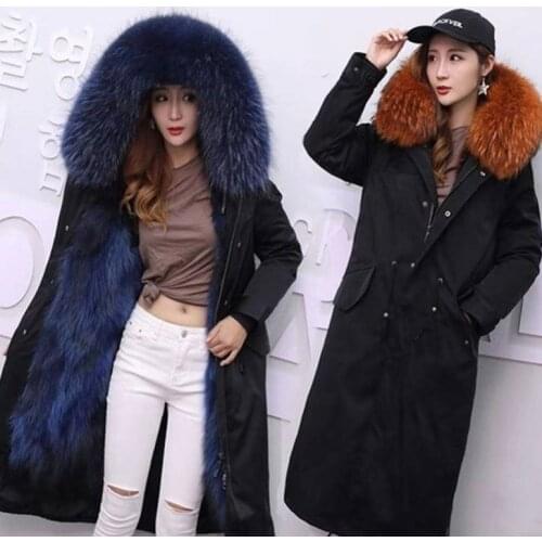 Ready to Ship In Stock Fast Dispatch Real RabbitFur Lined Parka Long Coat with Raccoon Fur Collar Winter Fur Jacket Women