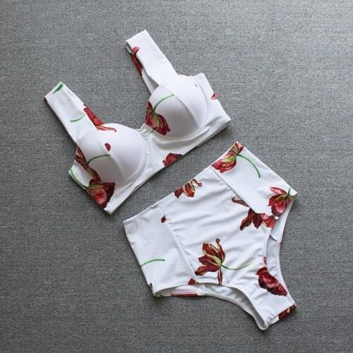 2019 Women Bikini set Padded Push Up Ladies Swimwear Swim Beach Wear White Print Sweet Sexy Bikini Sleeveless