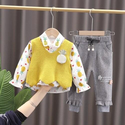 Baby Girls Clothing Sets Autumn Children Casual Outfit Infant Fashion Pineapple Knitted Vest Shirt Pants 3 Pieces Kids Clothes