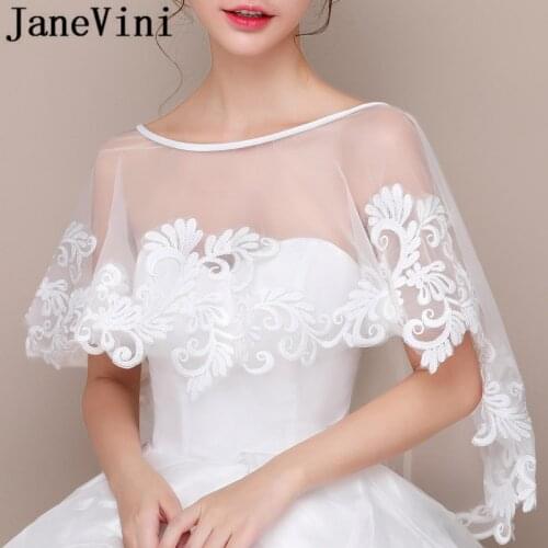 JaneVini High Quality Lace Bridal Cloak Boleros White Bolero Encaje Appliques Tulle Women Summer Stoles Wedding Wrap Cape Jacket
