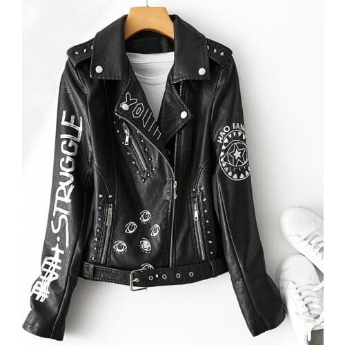 Ailegogo Spring Autumn Women Graffiti Print Pu Faux Leather Jacket with Belt Streetwear Female Moto Biker Rivet Coat Outwear